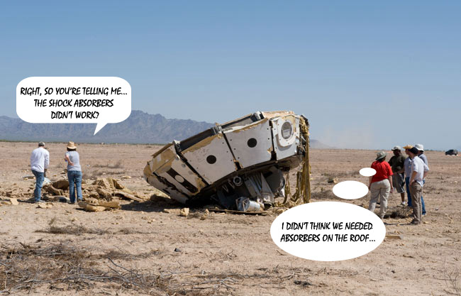 During an earlier test, the Orion parachutes failed to open as planned, face-planting the capsule into the desert (NASA) During an earlier test, the Orion parachutes failed to open as planned, face-planting the capsule into the desert (NASA)